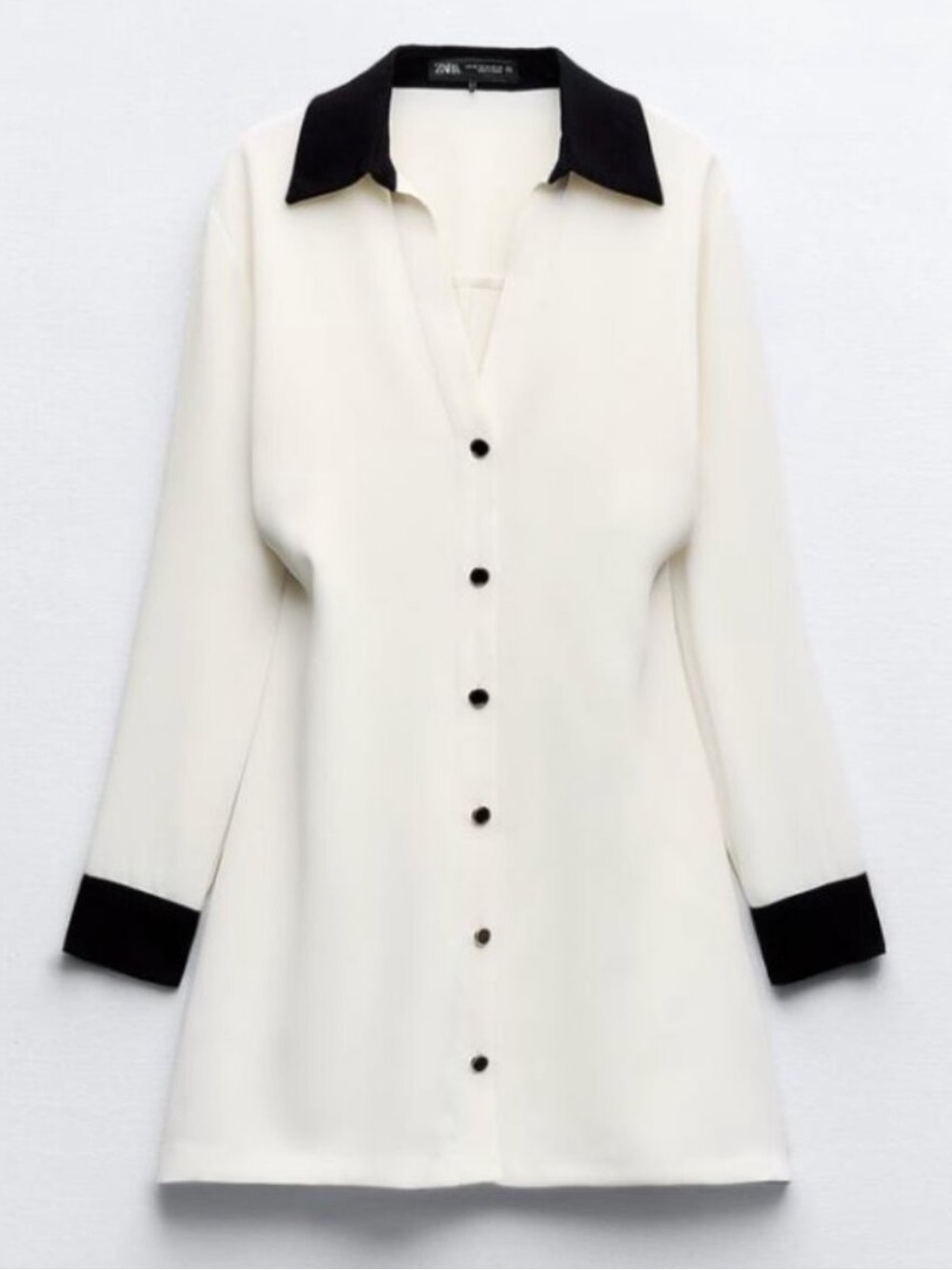 Zara White Long Sleeve Button-Down Dress with Black Collar & Cuffs